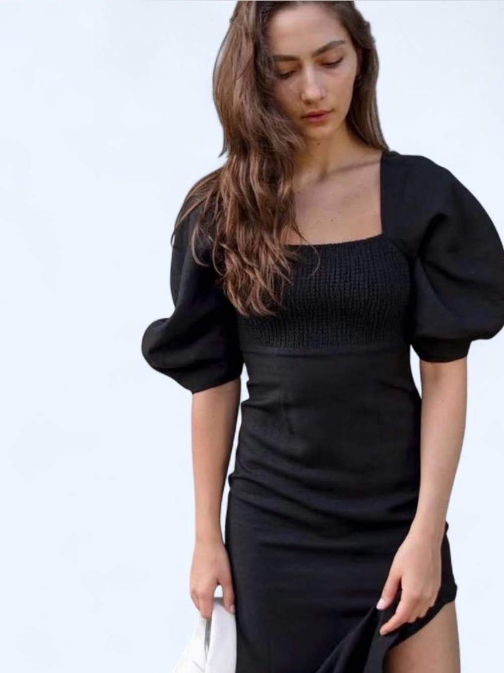 Oak + Fort Black Puff-Sleeve Square-Neck Dress